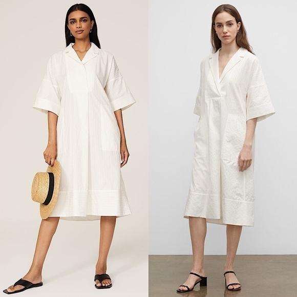 CLUB MONACO Cotton Silk Textured Stripe Short Sleeve V-Neck Midi Shirt Dress M - Picture 1 of 6
